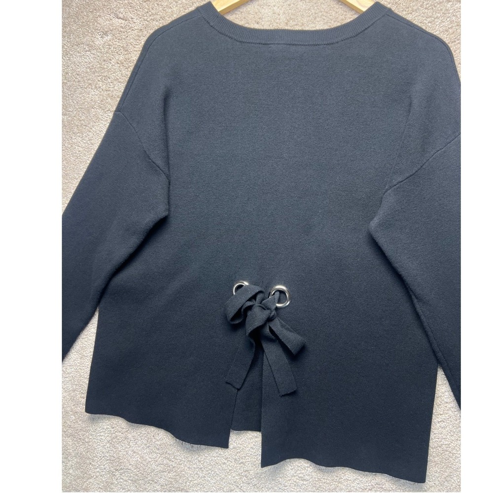 Halogen Womens Black Back Tie Grommet Detail Crew Neck Sweater Dark Academia L